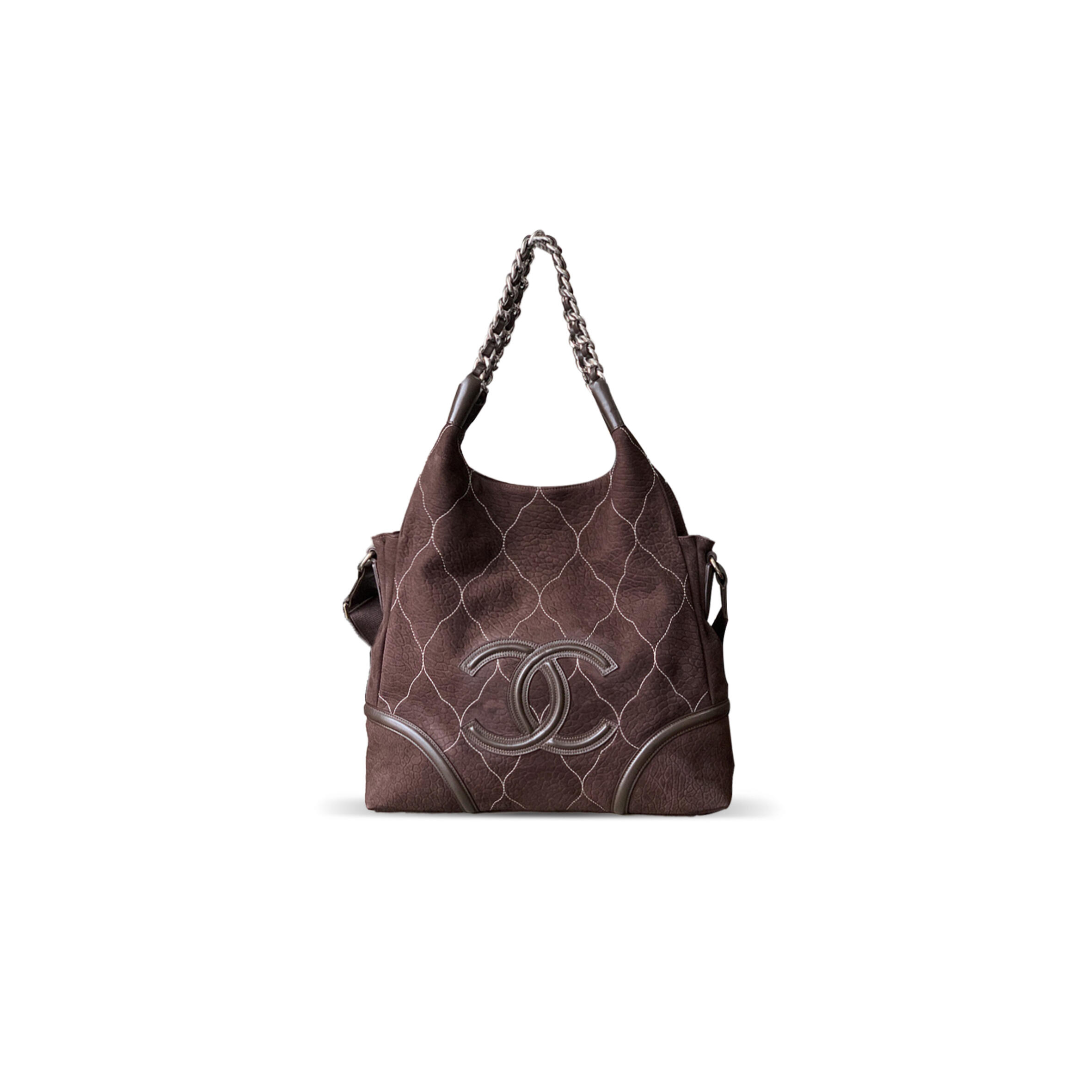 CHANEL SUEDE QUILTED RODEO DRIVE HOBO DARK BROWN 744001 (36*33*10cm)
